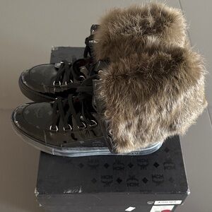 MCM Black Sneakers with Brown Fur Trim